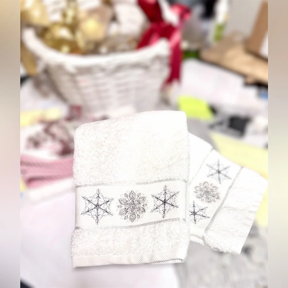 Winter Dreams White Hand Towels with Silver Embroidered Snowflake Made in Turkey